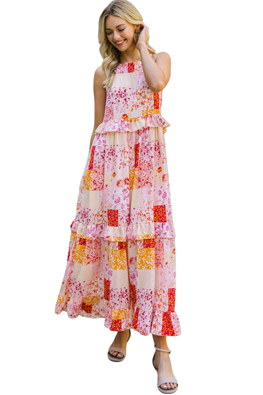 Patchwork Grecian Neck Ruffled Maxi Dress