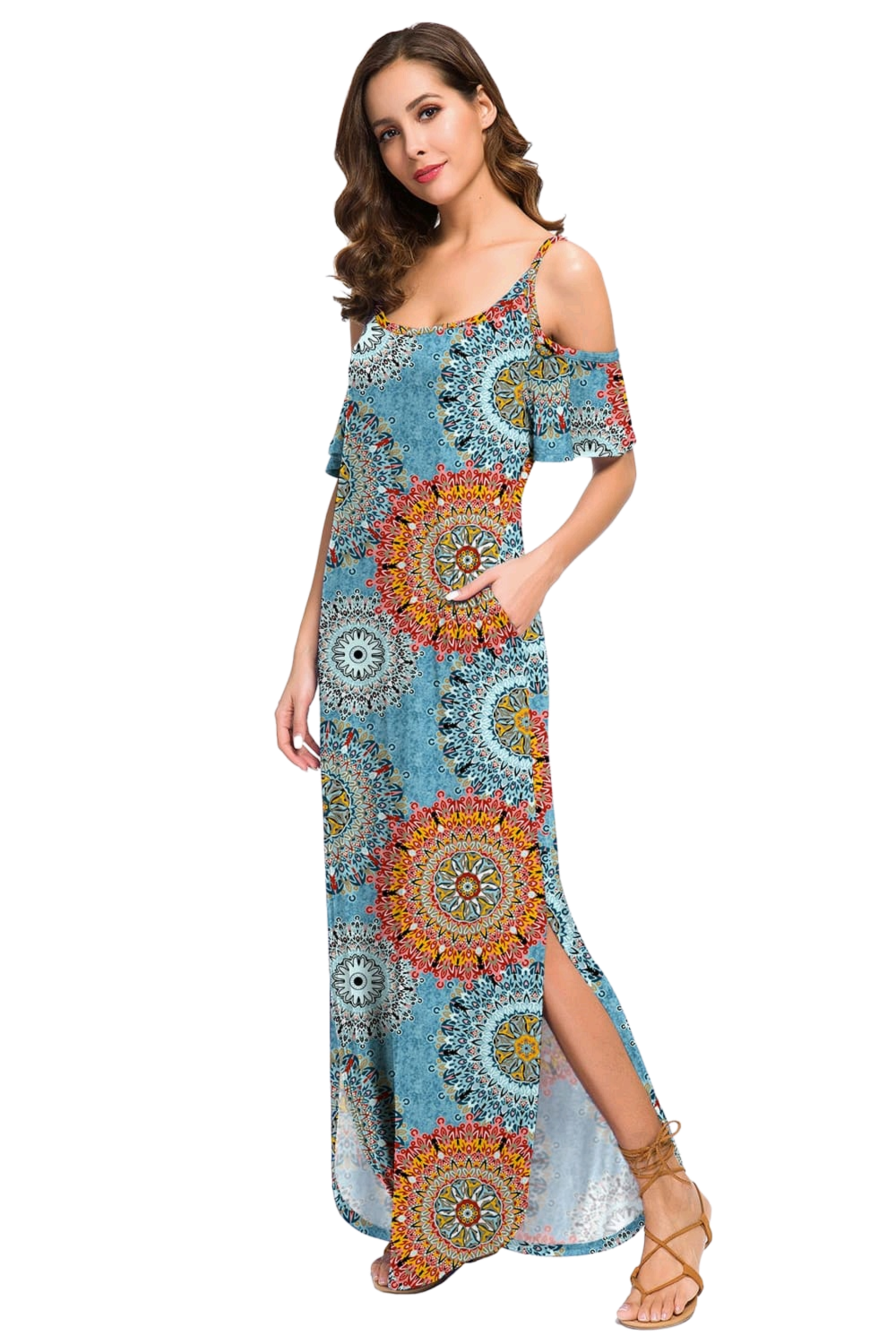 Slit Scoop Neck Cold-Shoulder Maxi Dress