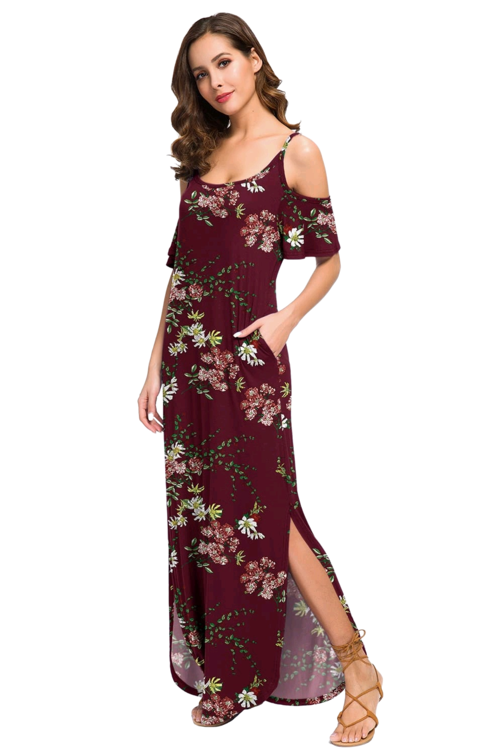 Slit Scoop Neck Cold-Shoulder Maxi Dress