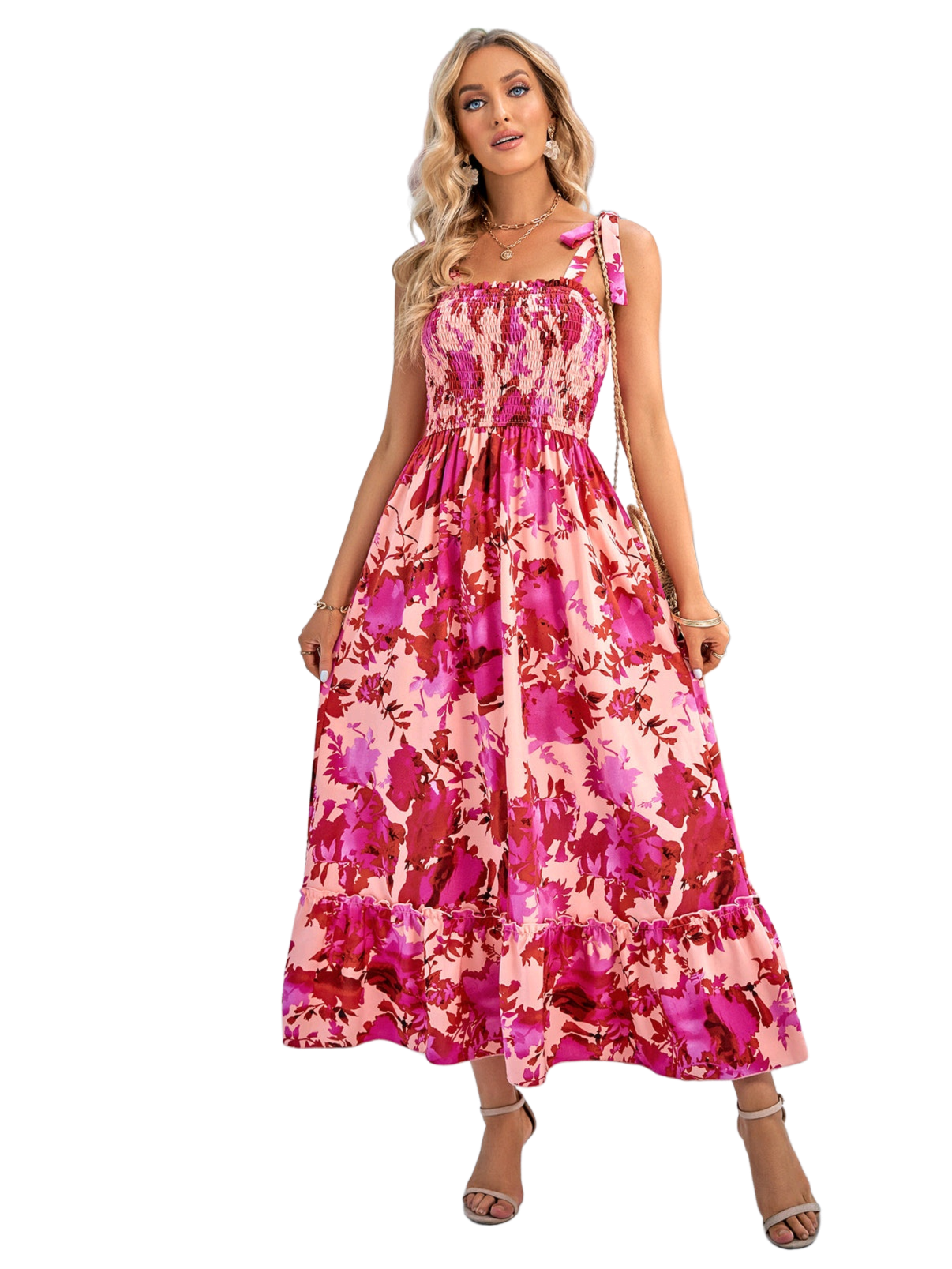 Floral Tie-Shoulder Frill Trim Smocked Dress