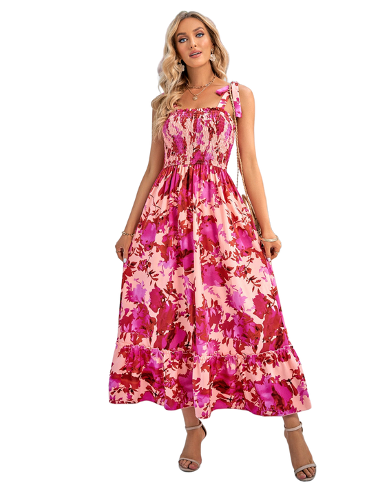 Floral Tie-Shoulder Frill Trim Smocked Dress