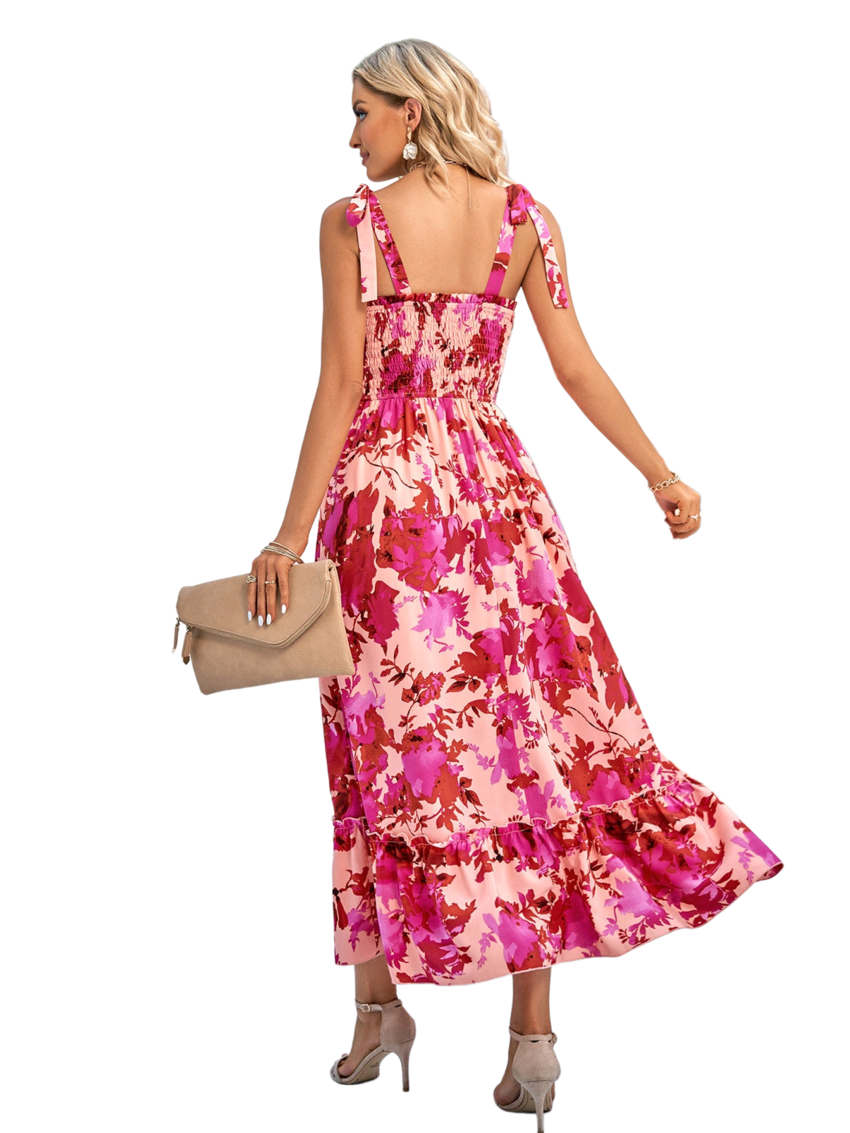 Floral Tie-Shoulder Frill Trim Smocked Dress