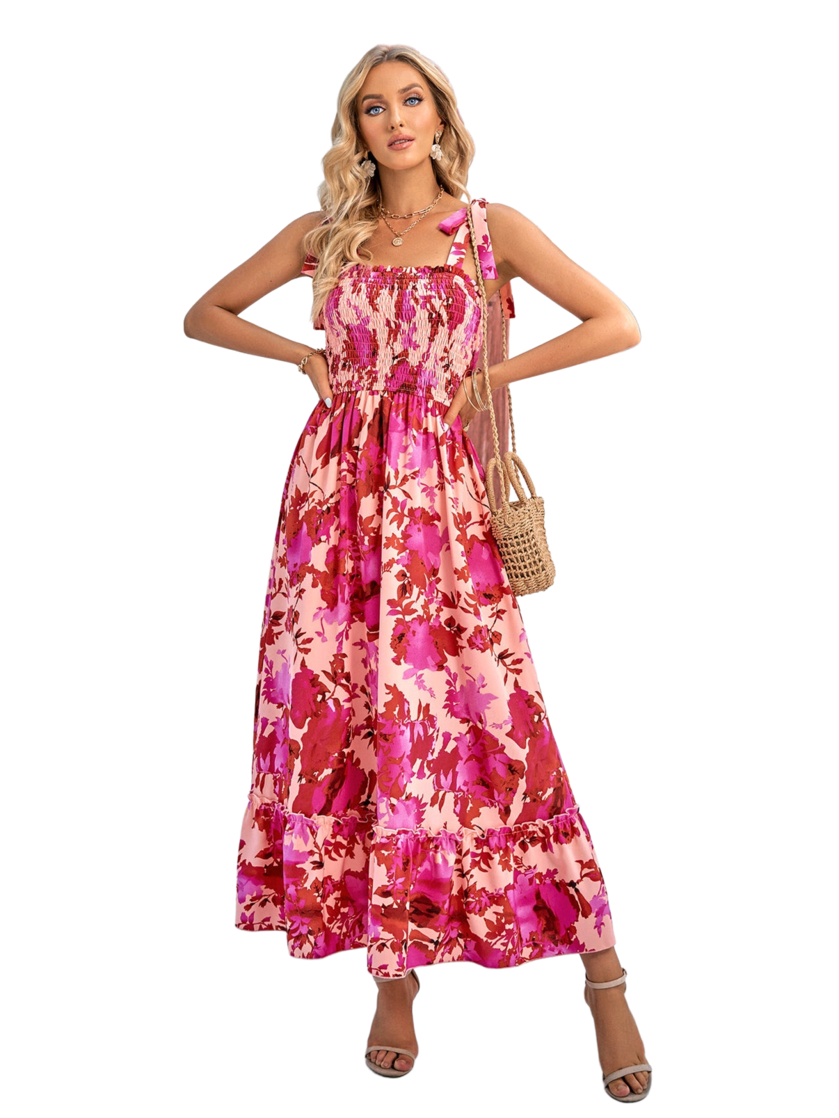 Floral Tie-Shoulder Frill Trim Smocked Dress