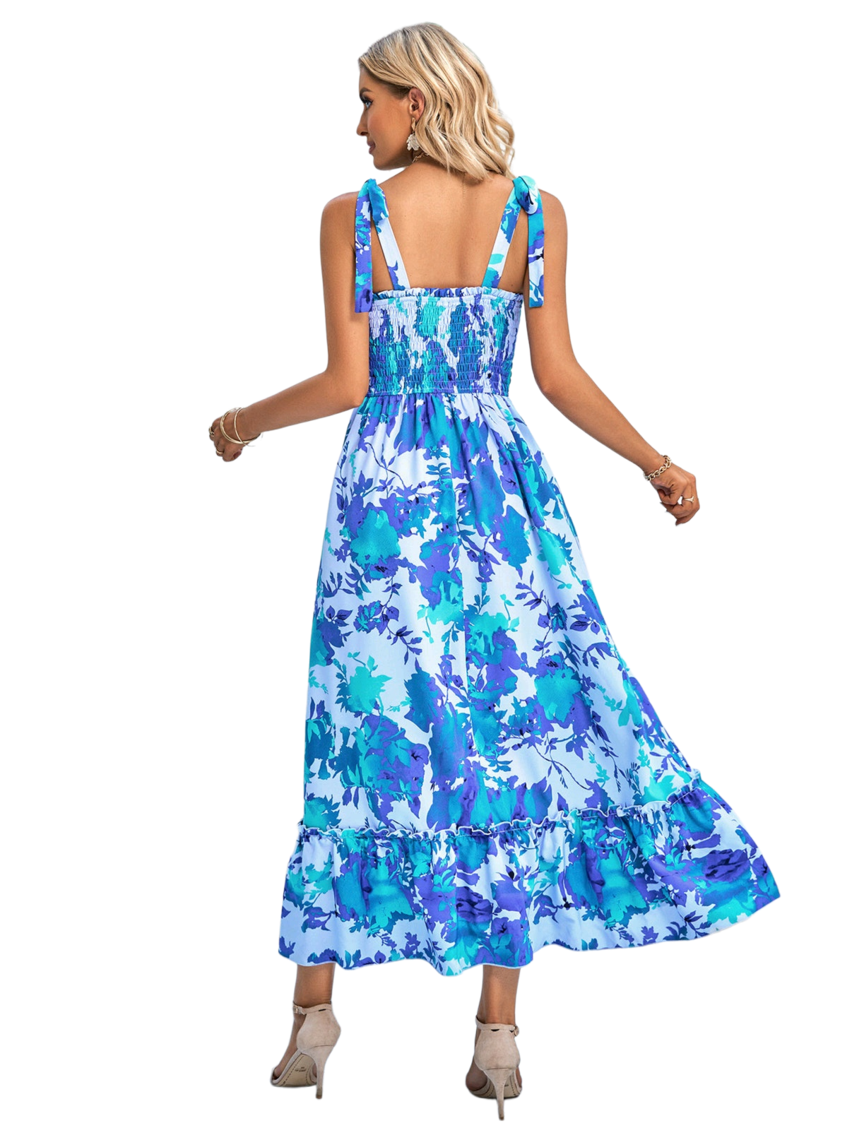 Floral Tie-Shoulder Frill Trim Smocked Dress