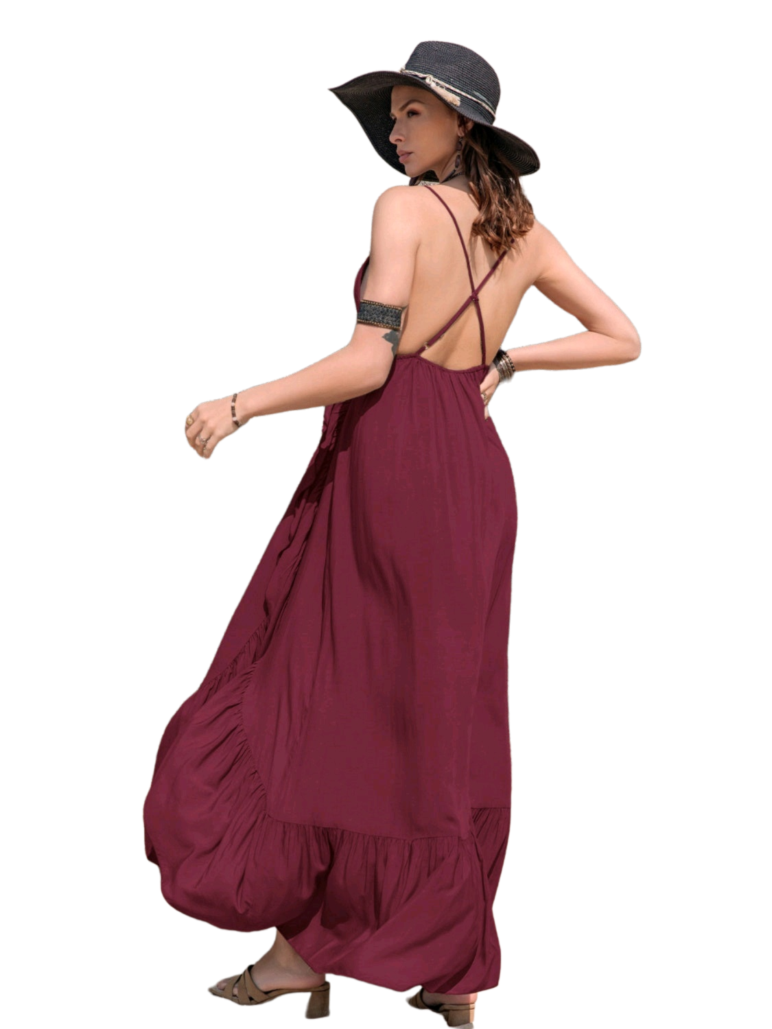 Crisscross Back Drawstring Ruffle Trim Maxi Dress