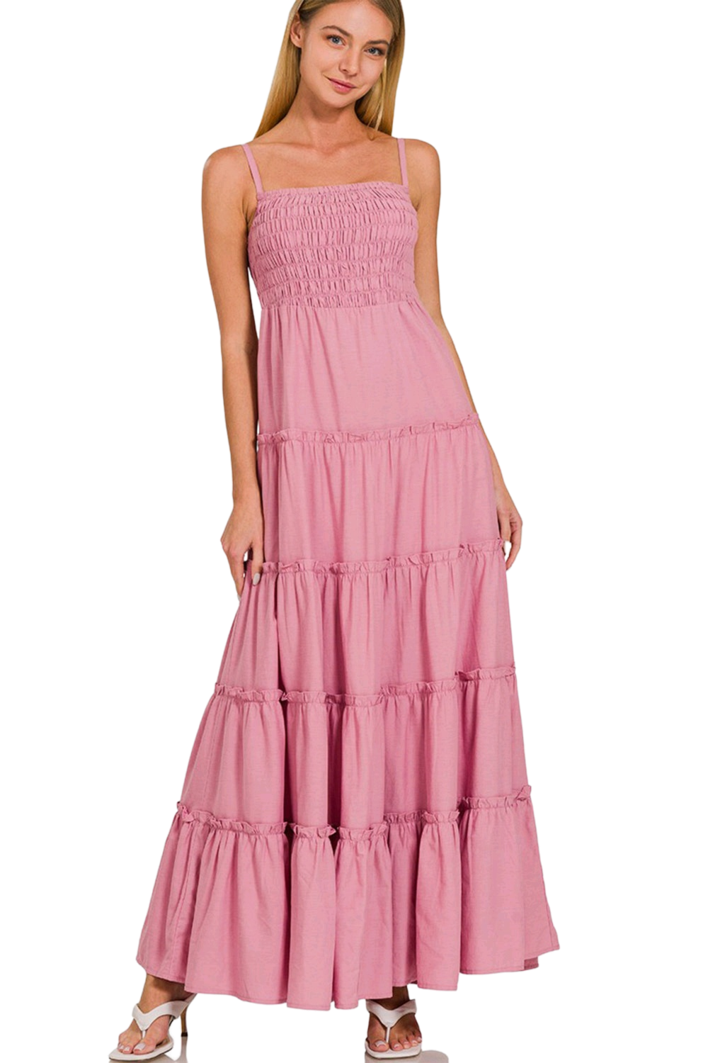 Zenana Woven Smocked Tiered Cami Maxi Dress