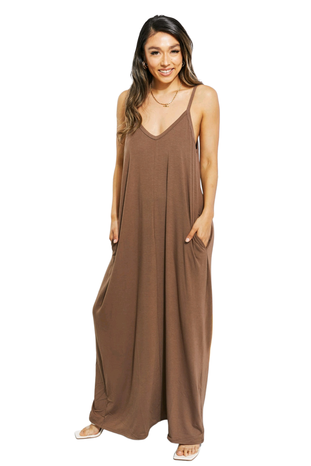 Zenana Full Size Beach Vibes Cami Maxi Dress in Mocha