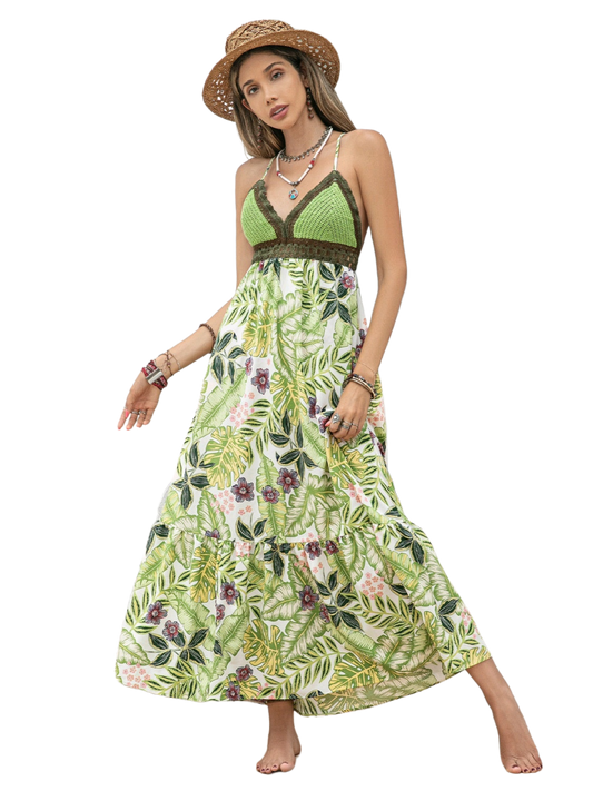 Backless Printed V-Neck Cami Dress