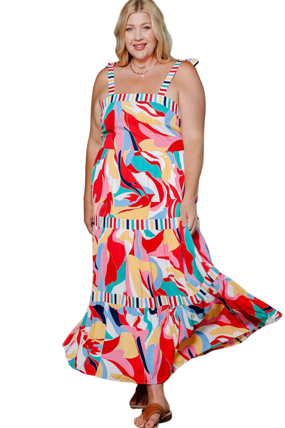 Plus Size Printed Tie Straps Straight Neck Maxi Dress