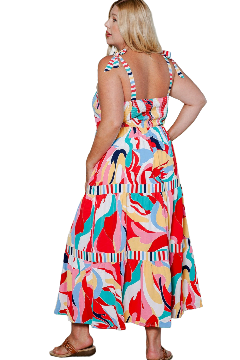 Plus Size Printed Tie Straps Straight Neck Maxi Dress