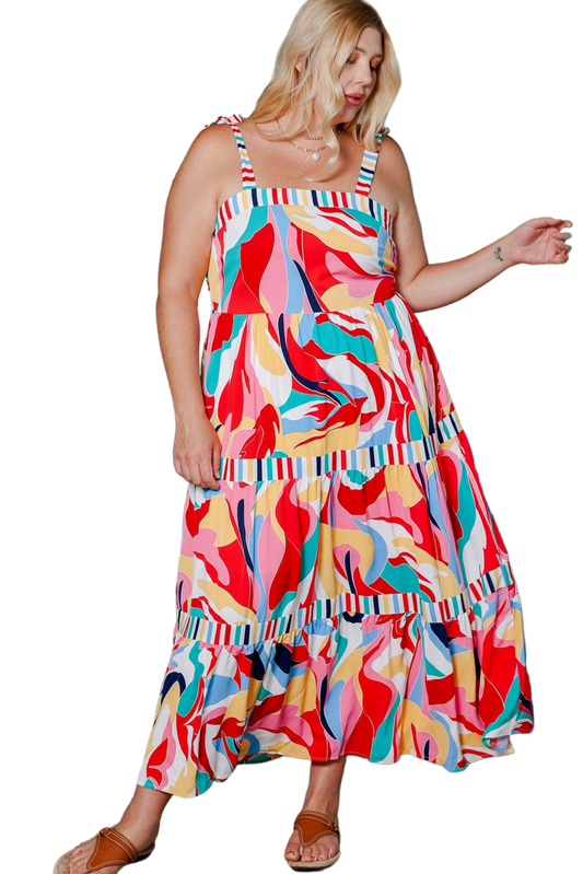 Plus Size Printed Tie Straps Straight Neck Maxi Dress