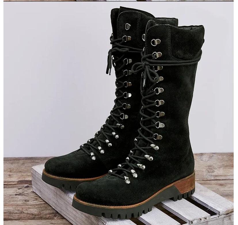 Large lace-up mid-tube women's leather boots