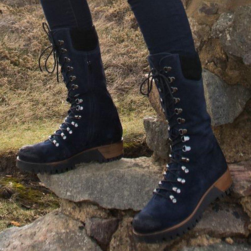 Large lace-up mid-tube women's leather boots