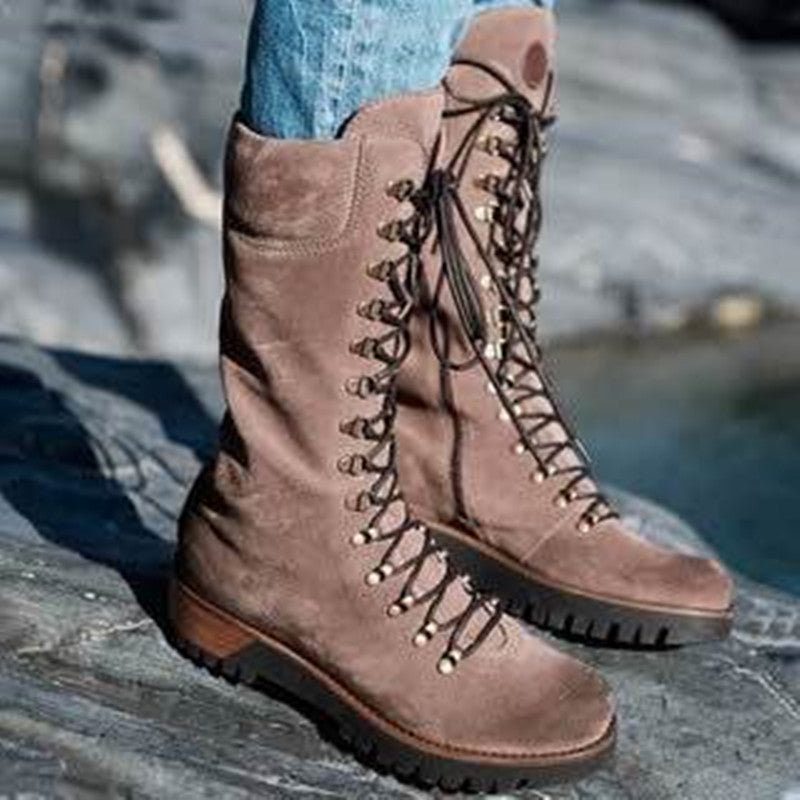 New Women's Large Lace Up Mid Sleeve Leather Boots