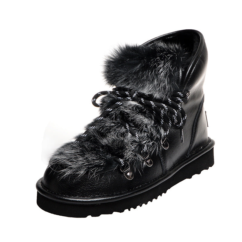 Rabbit fur lace-up snow boots