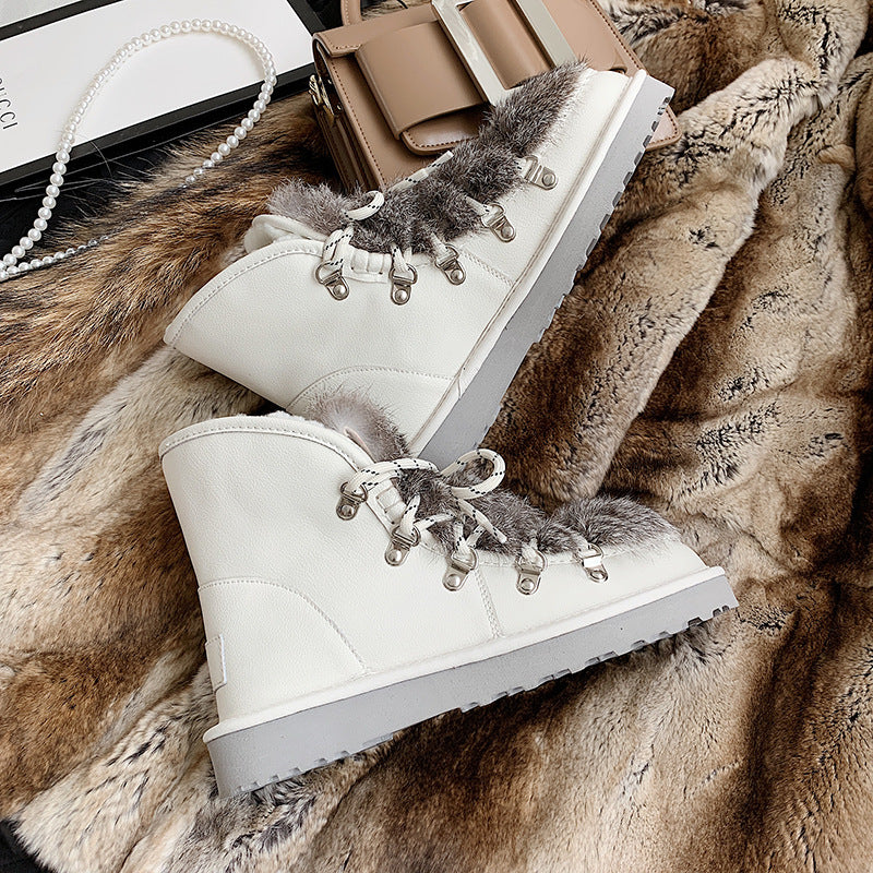 Rabbit fur lace-up snow boots
