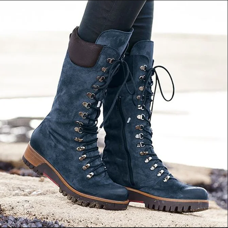 Large lace-up mid-tube women's leather boots