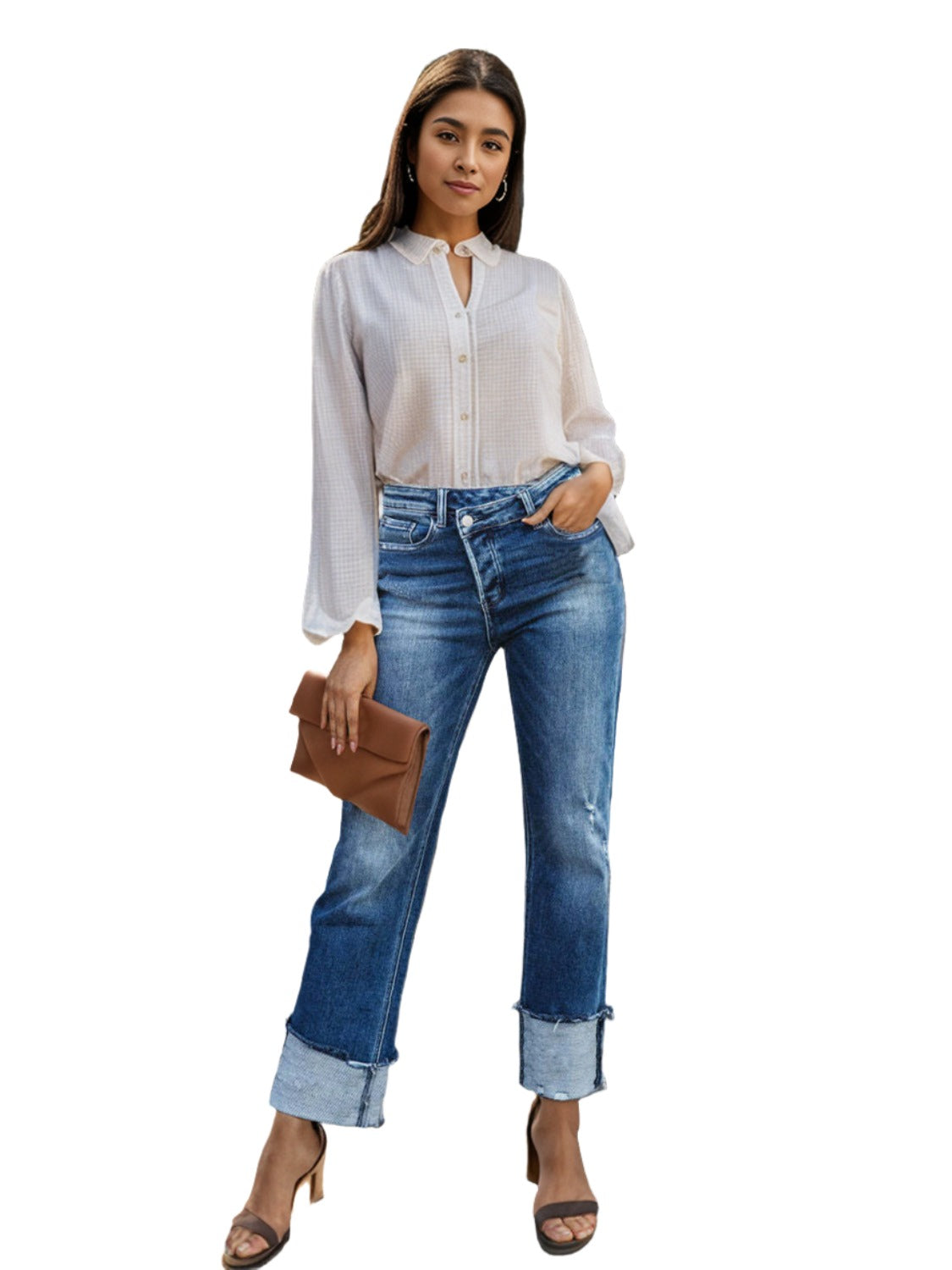 Stepped Waist Raw Hem Rolled Straight Jeans