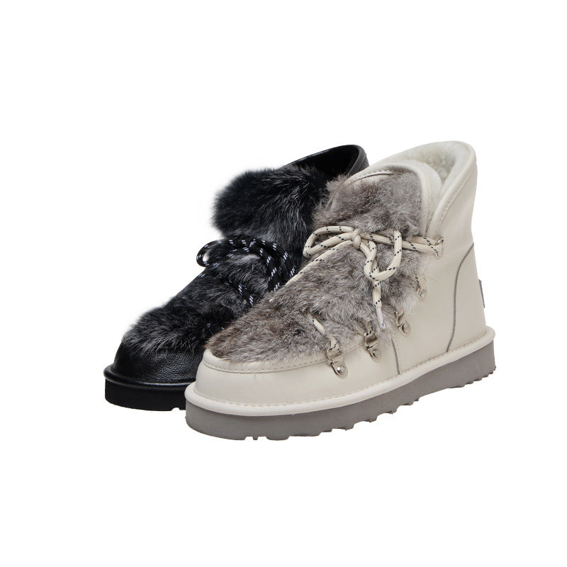 Rabbit fur lace-up snow boots