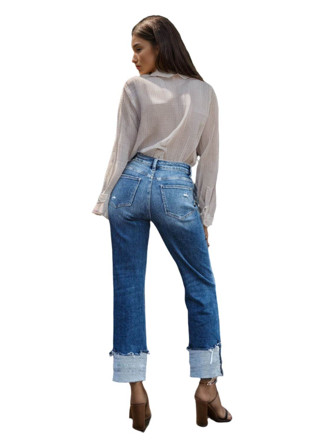 Stepped Waist Raw Hem Rolled Straight Jeans