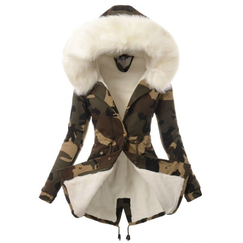 Large Fur Collar Thickened Women's Cotton-padded Jacket Mid-length Hooded