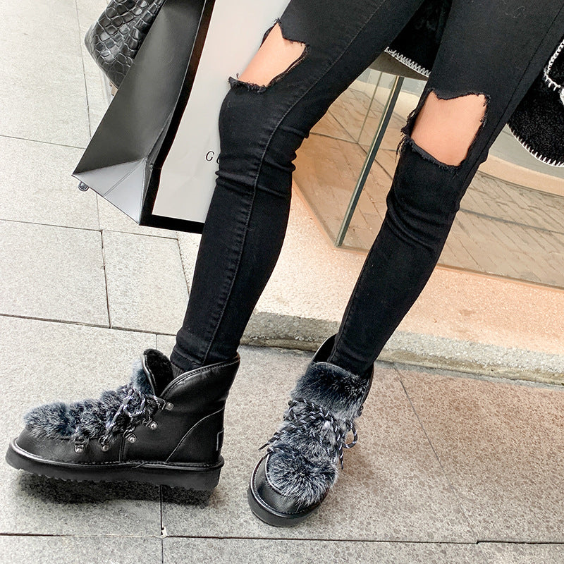 Rabbit fur lace-up snow boots