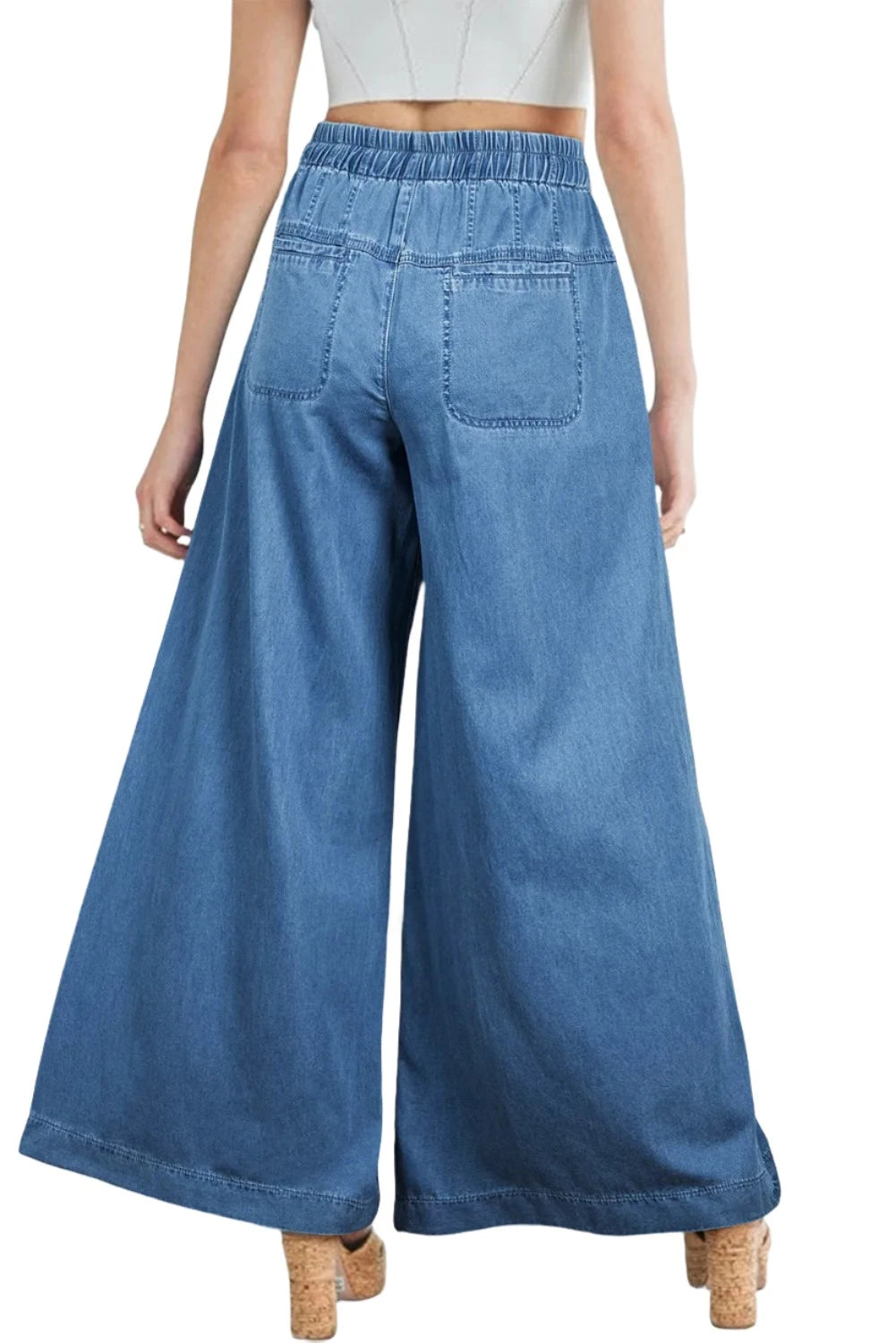 Drawstring Elastic Waist Wide Leg Jeans