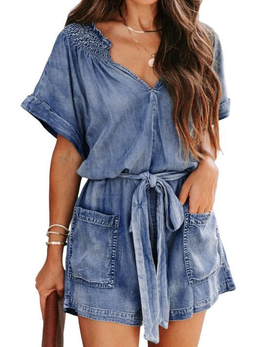 Notched Tie Waist Short Sleeve Denim Romper