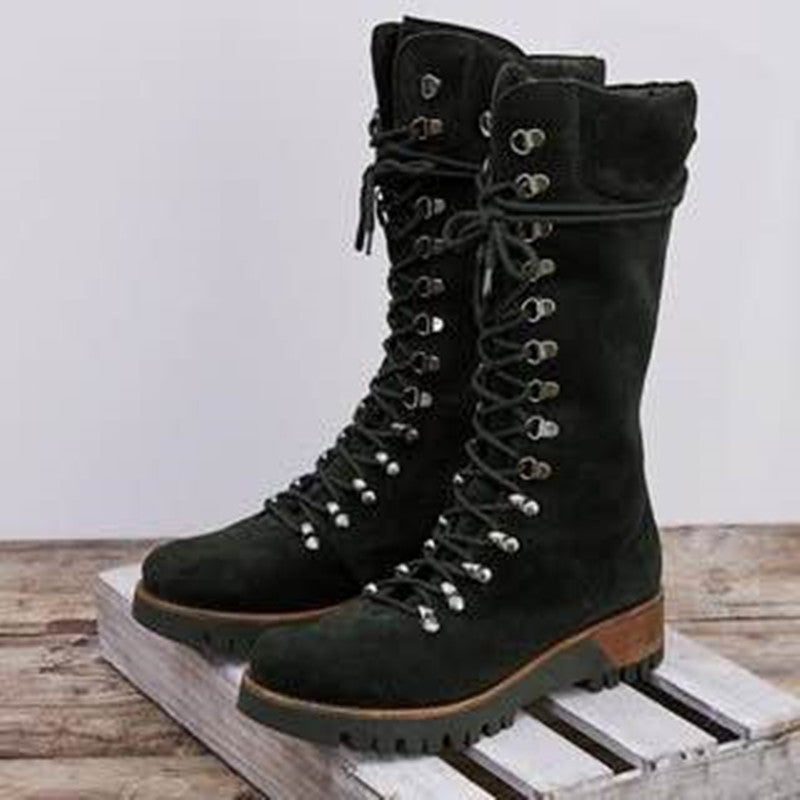 New Women's Large Lace Up Mid Sleeve Leather Boots