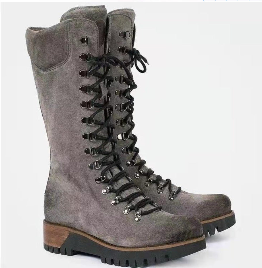 New Women's Large Lace Up Mid Sleeve Leather Boots