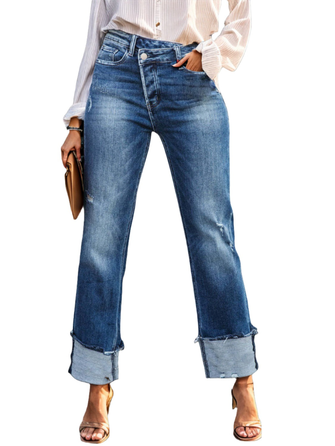 Stepped Waist Raw Hem Rolled Straight Jeans