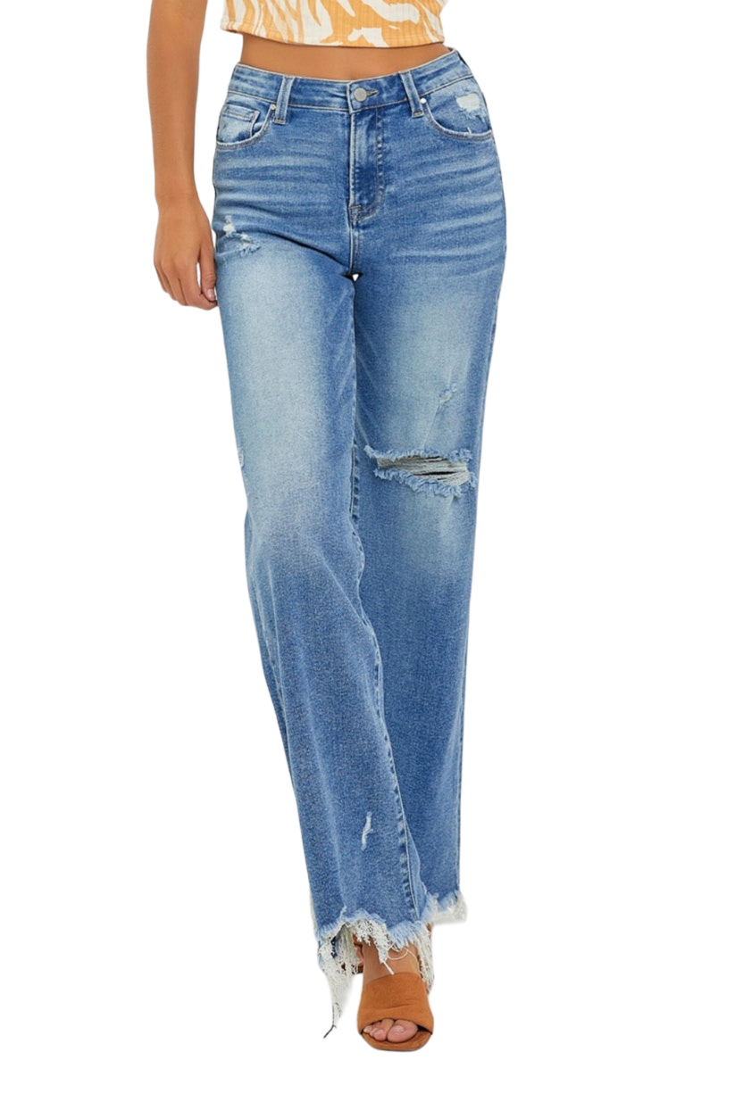 RISEN Full Size High Rise Frayed Hem Wide Leg Jeans