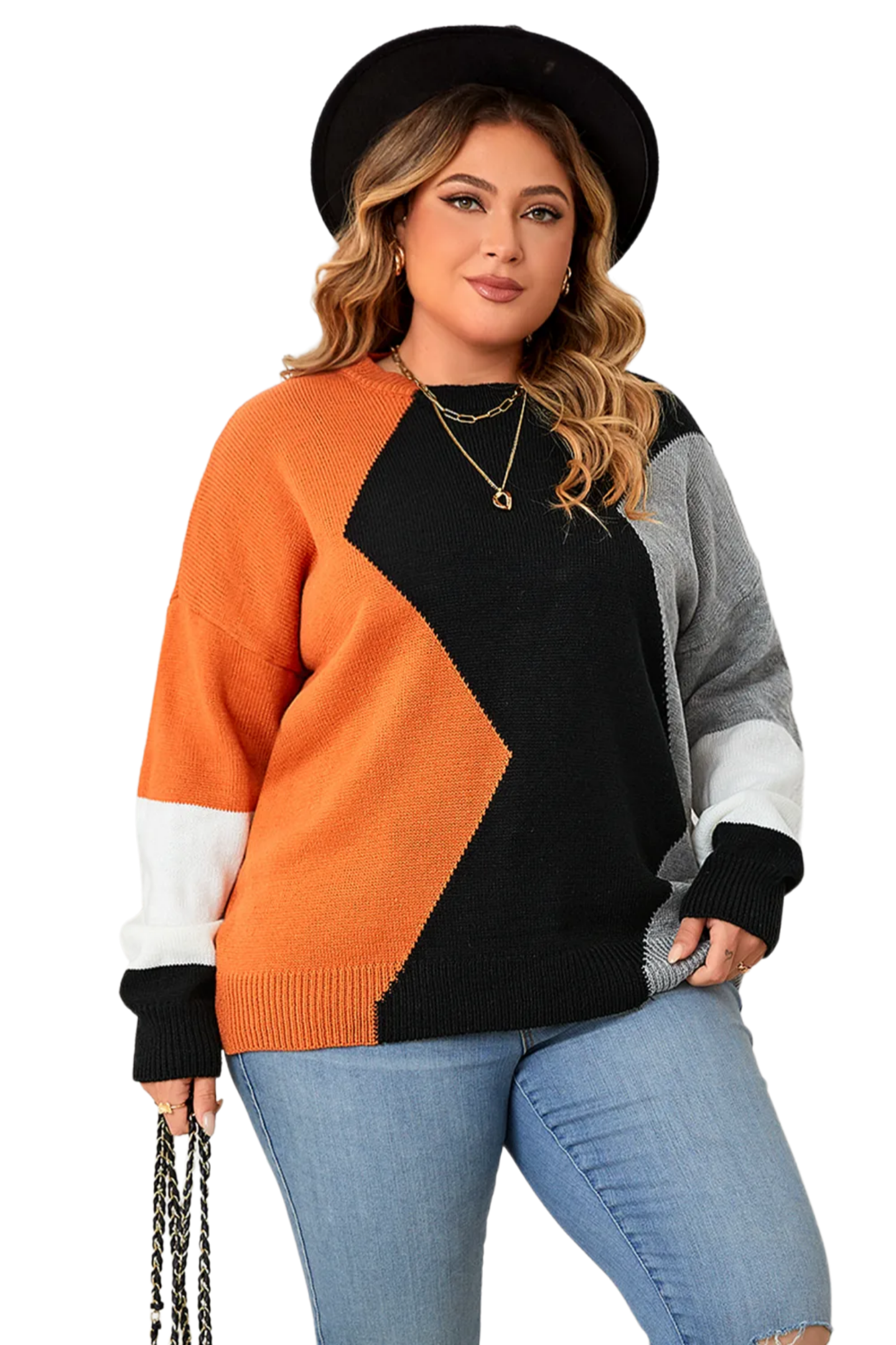 Plus Size Color Block Round Neck Knit Top