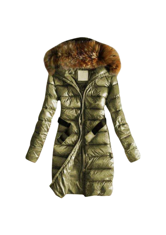 Long Quilted Jacket With Fur Collar And Raccoon Fur