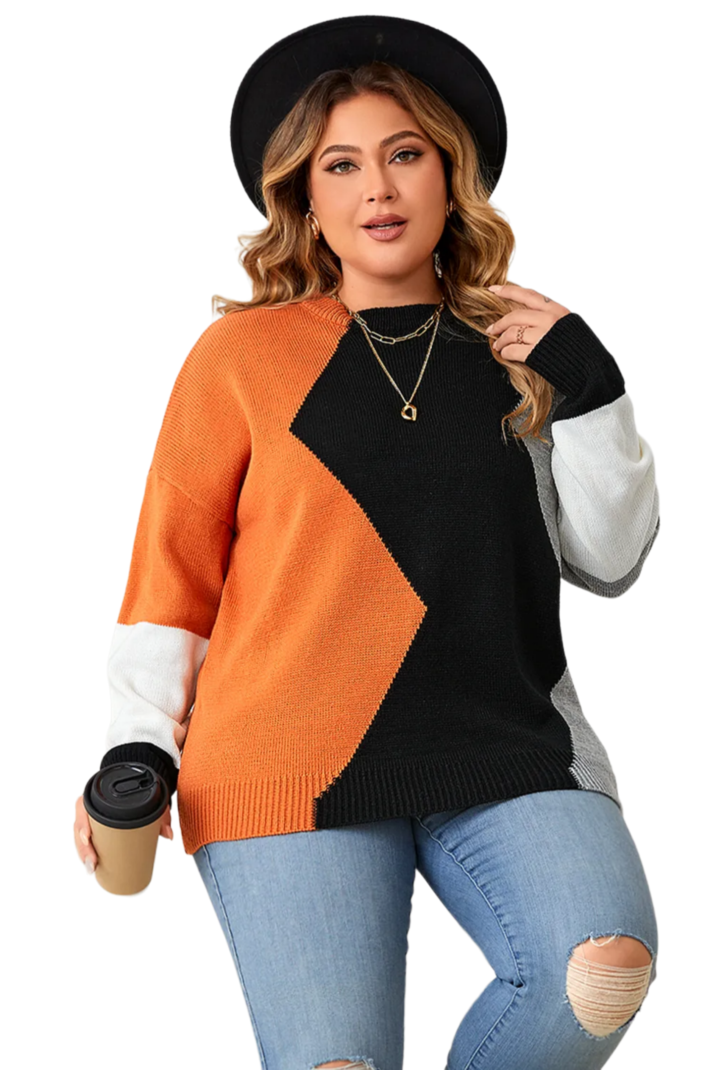 Plus Size Color Block Round Neck Knit Top