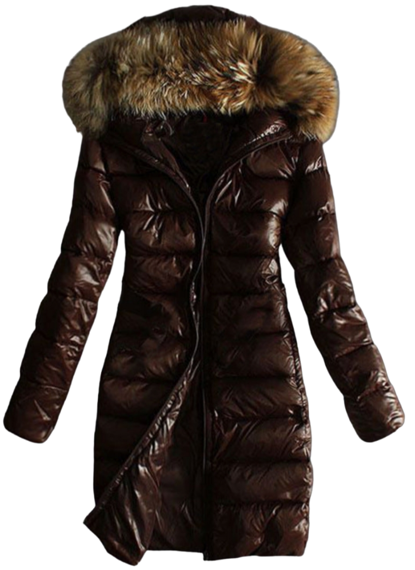 Long Quilted Jacket With Fur Collar And Raccoon Fur