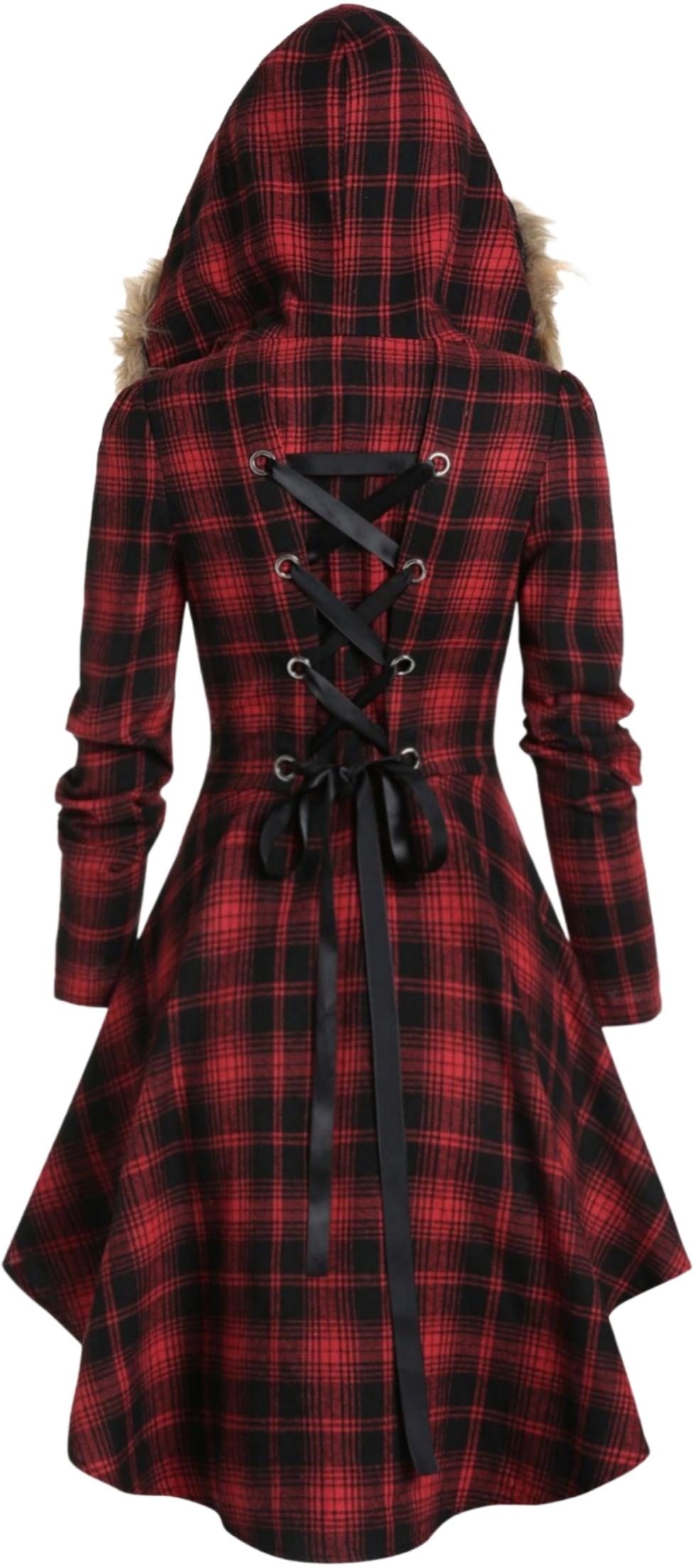 Fur collar hooded slim plaid back mid-length jacket