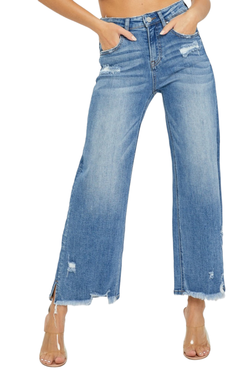 RISEN High Rise Side Slit Raw Hem Cropped Jeans