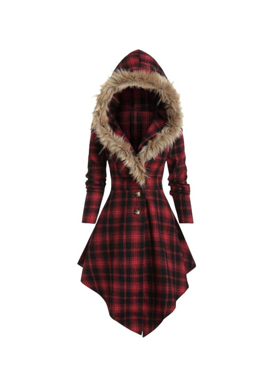 Fur collar hooded slim plaid back mid-length jacket