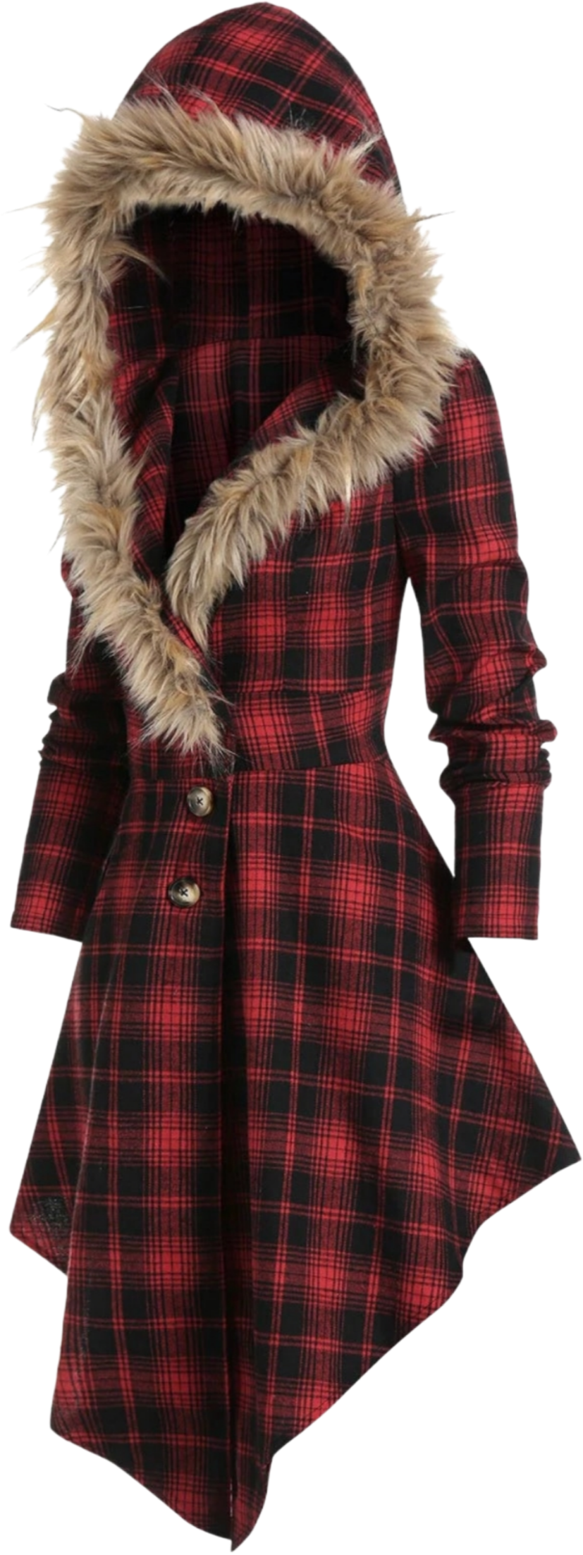 Fur collar hooded slim plaid back mid-length jacket