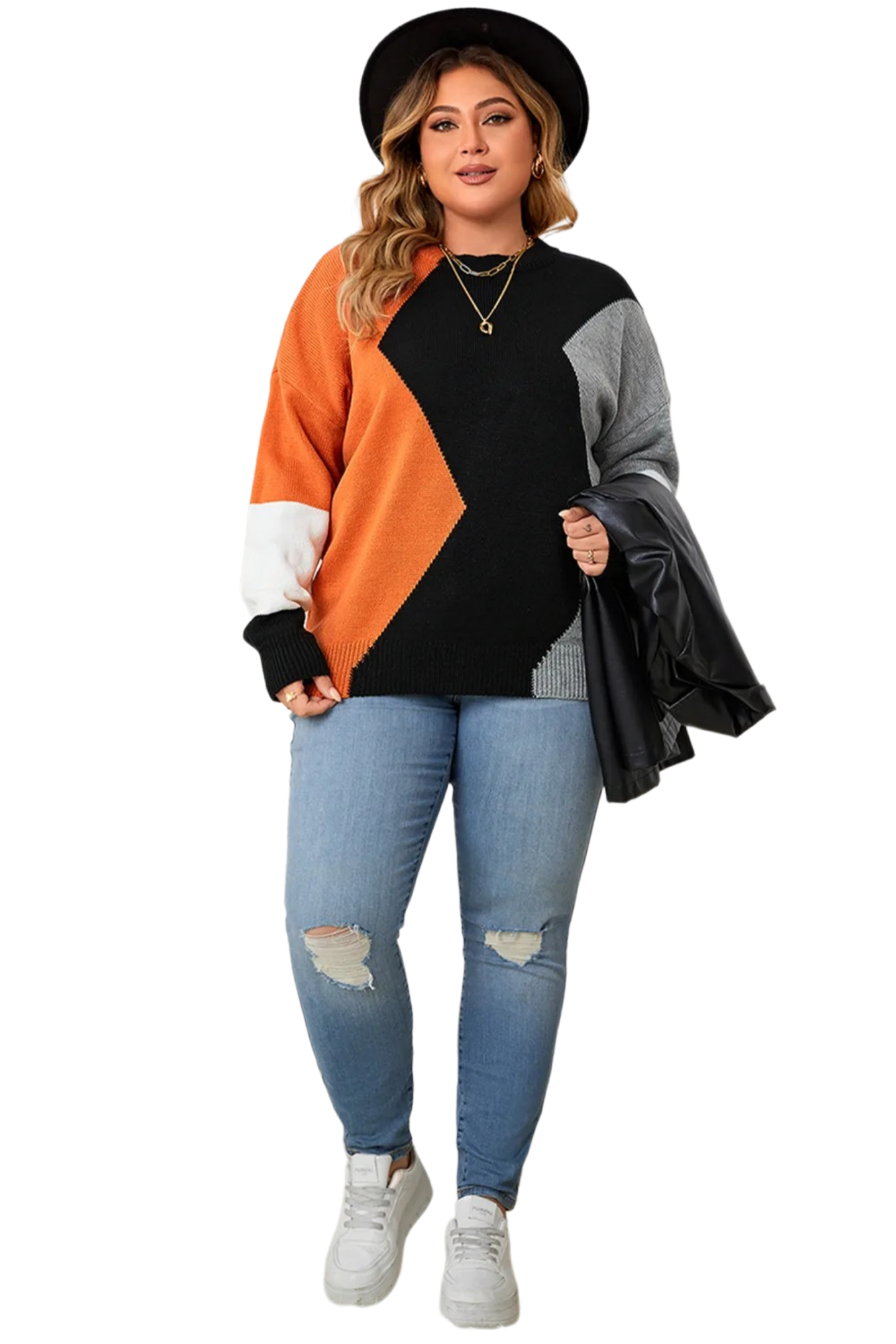 Plus Size Color Block Round Neck Knit Top