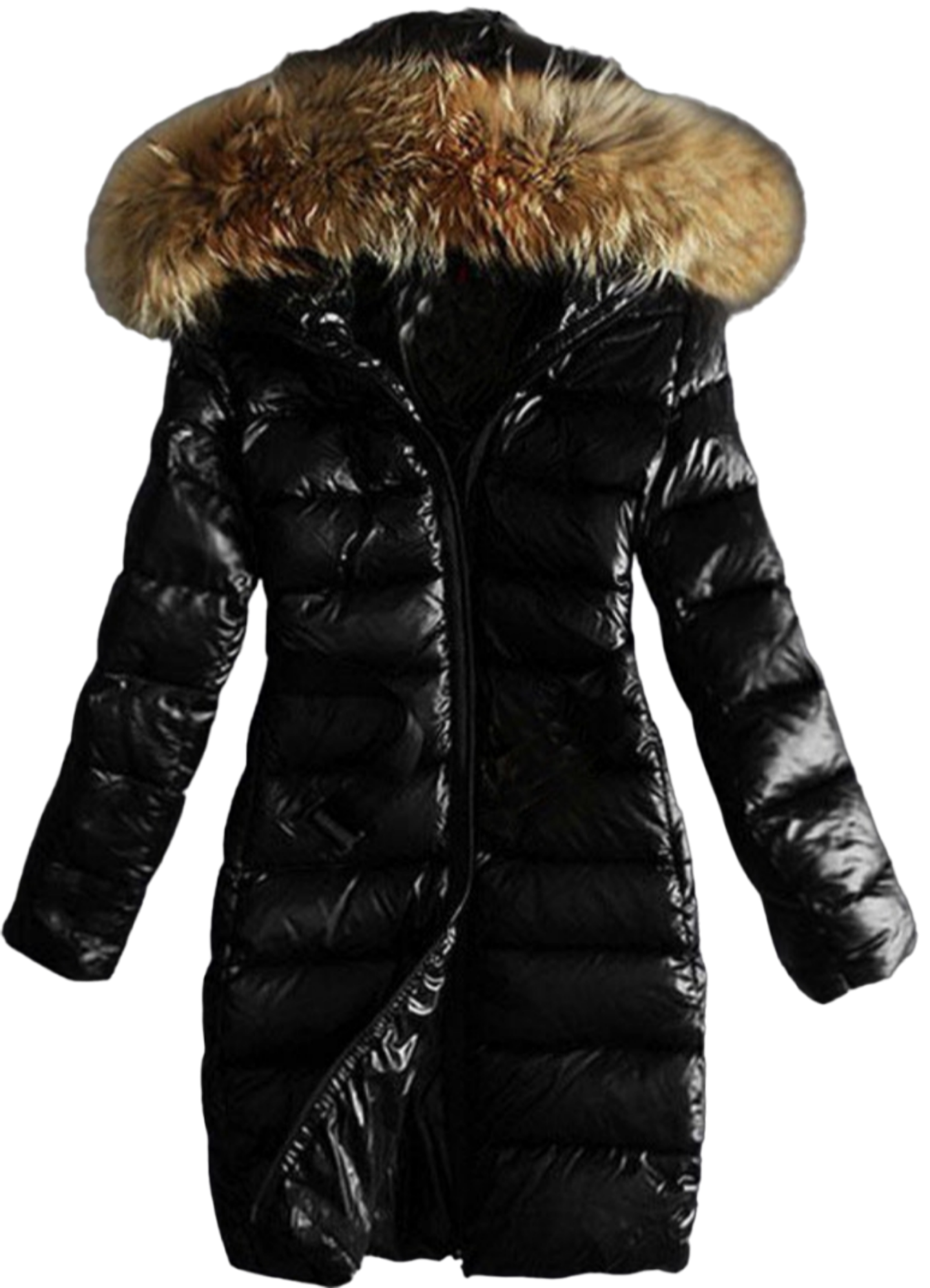 Long Quilted Jacket With Fur Collar And Raccoon Fur