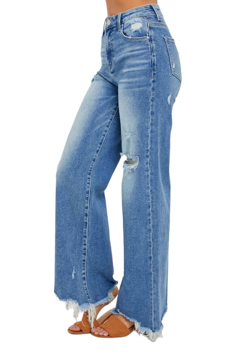 RISEN Full Size High Rise Frayed Hem Wide Leg Jeans