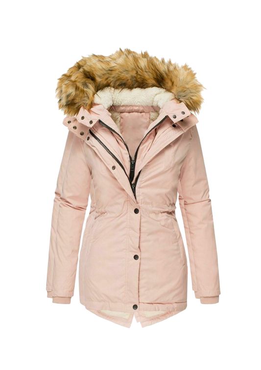 Long Sleeved Slim Jacket With Warm Fur Collar And Zipper