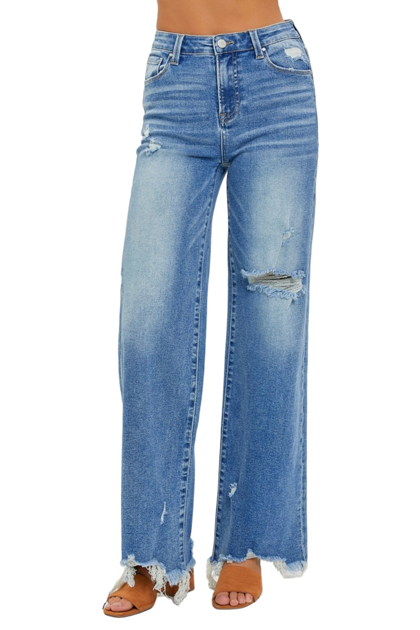 RISEN Full Size High Rise Frayed Hem Wide Leg Jeans