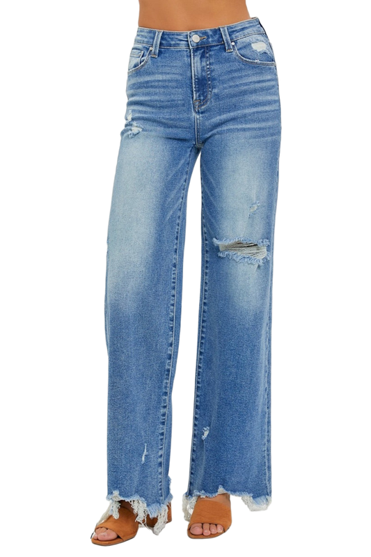 RISEN Full Size High Rise Frayed Hem Wide Leg Jeans