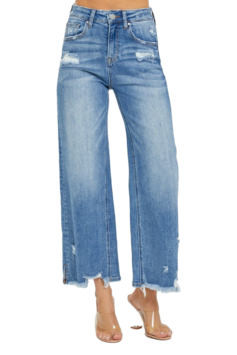 RISEN High Rise Side Slit Raw Hem Cropped Jeans