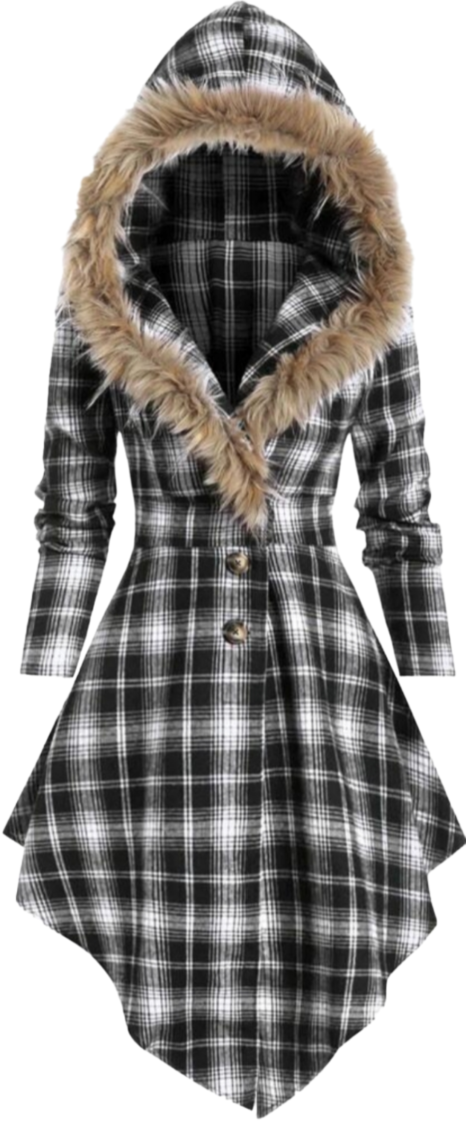 Fur collar hooded slim plaid back mid-length jacket