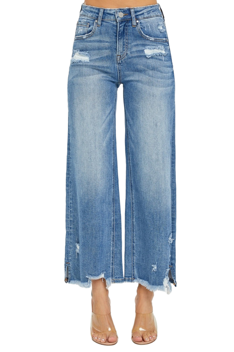 RISEN High Rise Side Slit Raw Hem Cropped Jeans