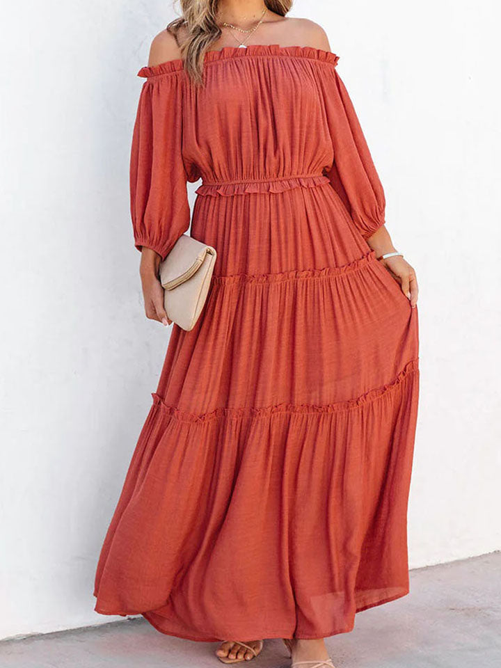 Ruffle Trim Off Shoulder Long Sleeve Maxi Dress